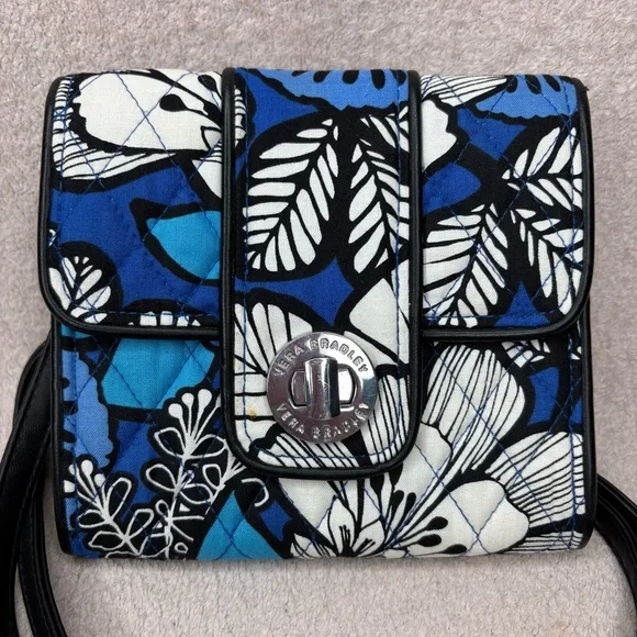 Vera Bradley Mini Turn Lock Crossbody Bag Quilted Purse Blue & White Preppy Boho - Picture 2 of 10